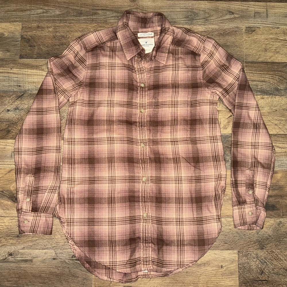 American Eagle Plaid Boyfriend Fit Flannel Pink - Size XXS